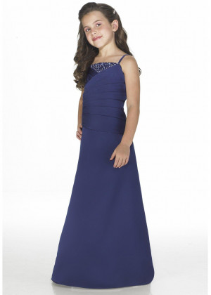 Spaghetti Straps Beaded Blue Satin Junior Bridesmaid Dress